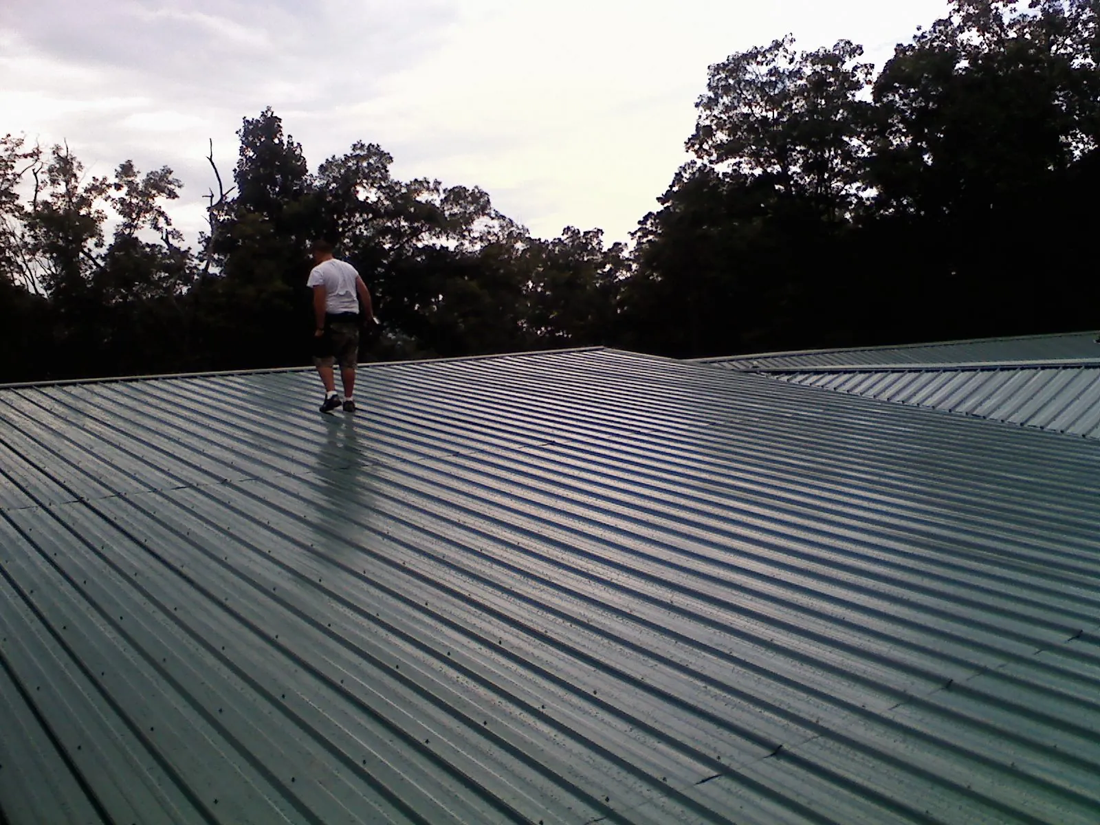 Roofer walking a wide expanse of new green metal roofing in Bealeton